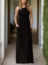 Pocketed Round Neck Sleeveless Dress Black OutfitFlow